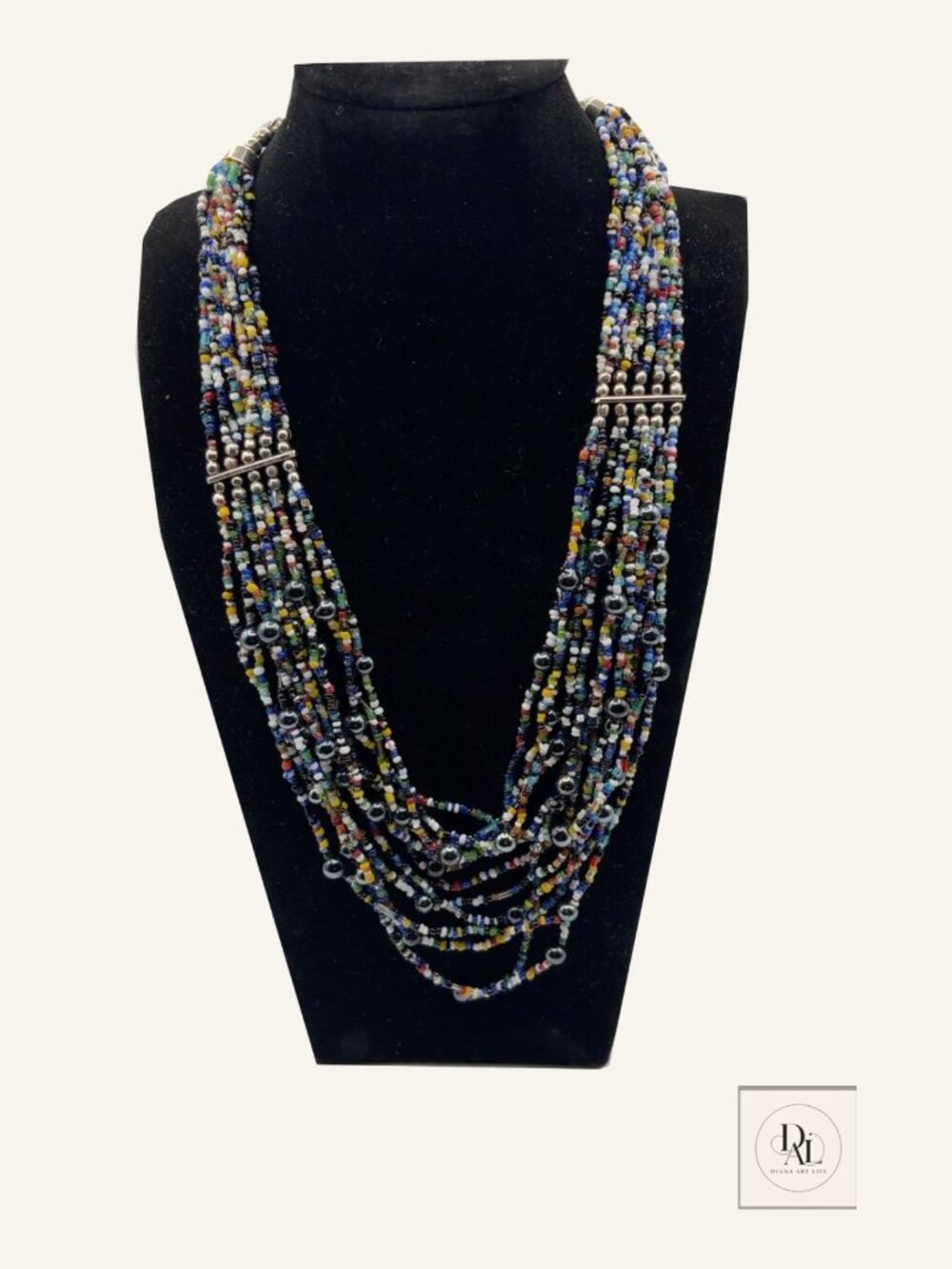 Multicolor Multi-Strnd Seed Bead Statement Necklace Silver Tone